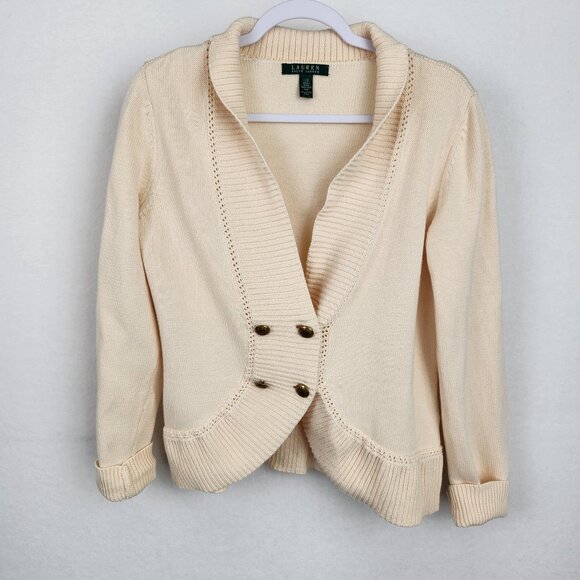Lauren Ralph Lauren Womens Cardigan with 4 Crest Buttons Size L Cream - Picture 1 of 12